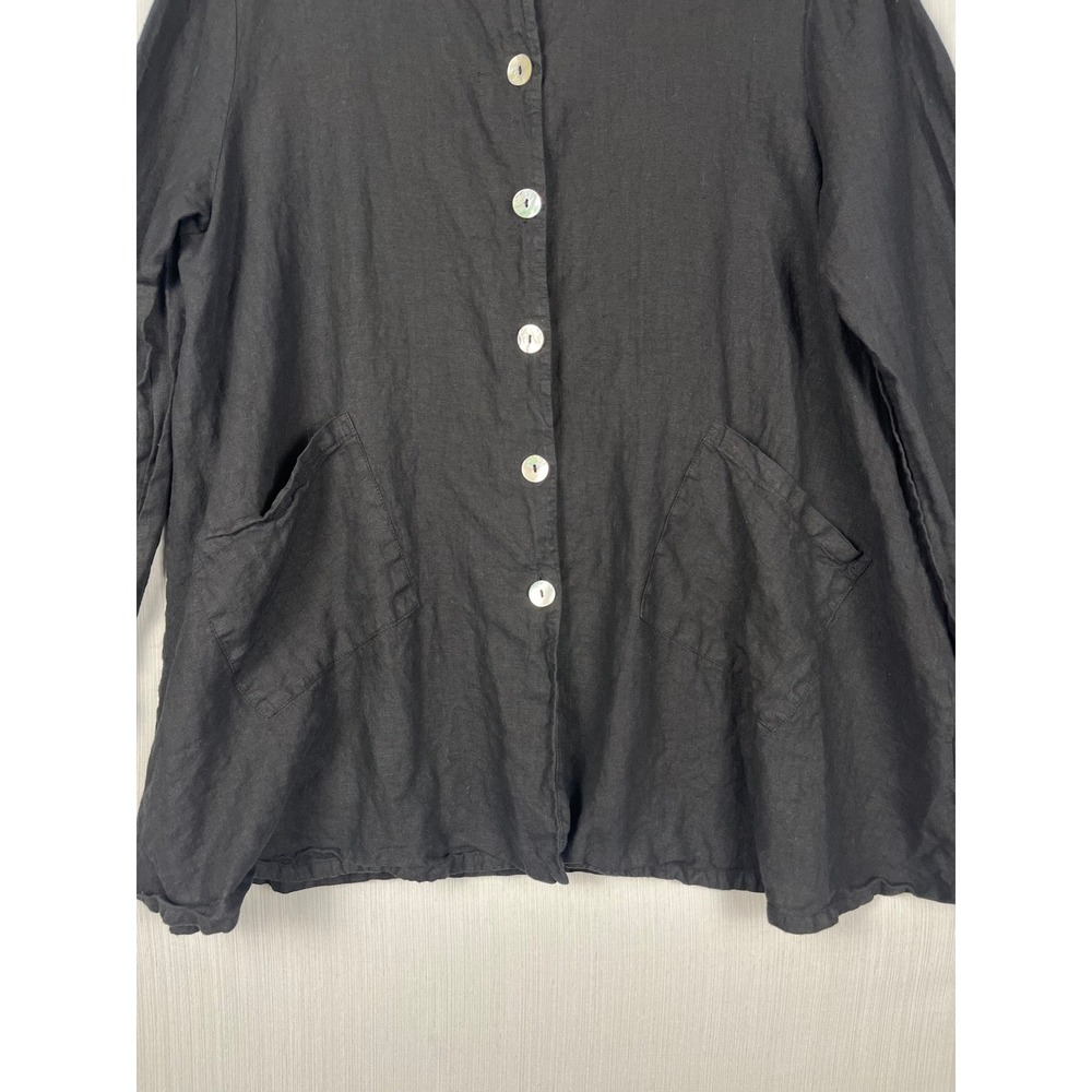 Bryn Walker Mother of Pearl Button Front L Black Linen Tunic Lagenlook Coastal - Picture 6 of 11